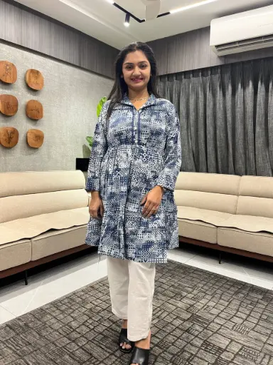 Indigo Ajrakh Print Pure Cotton Shirt Collar Tunic
