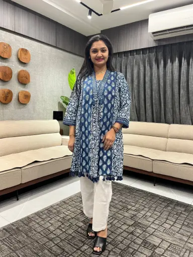 Indigo Ajrakh Print Pure Cotton Tunic with Handwork