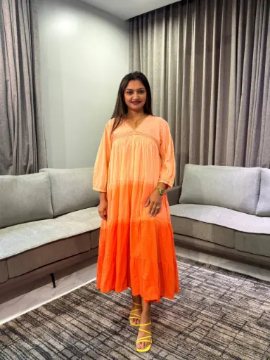 Peach Orange Shaded Dobby Cotton Dress