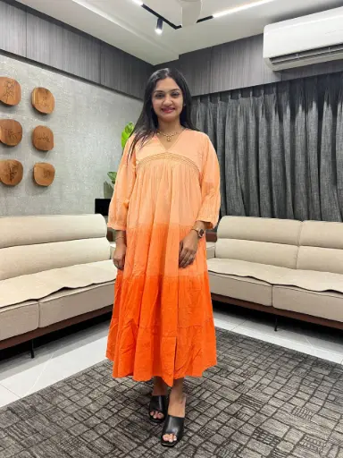 Peach Orange Shaded Dobby Cotton Dress