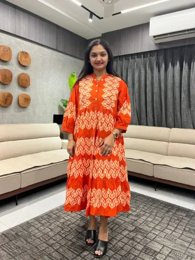 Orange Shibori Print Cotton Long Dress
