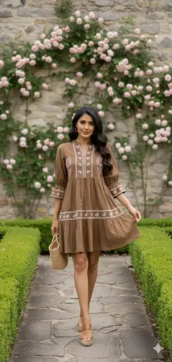 Brown Embroidered Mull Dobby Cotton Tunic