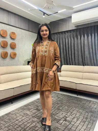 Brown Embroidered Mull Dobby Cotton Tunic