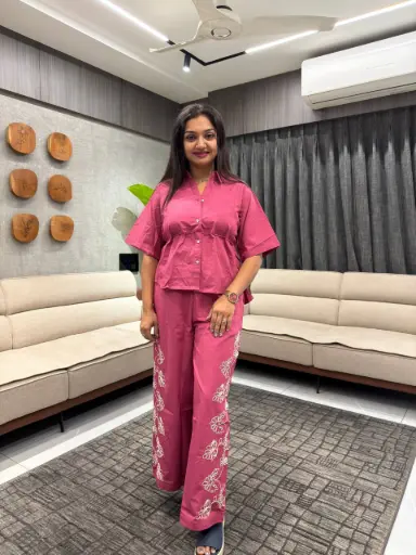 Pink Embroidered Cotton Co-Ord Set