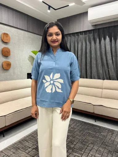 Blue Blossom Linen Top