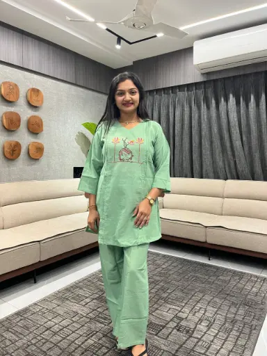 Mint Green Cotton Embroidered Cord Set