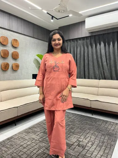 Peach Cotton Embroidered Cord Set