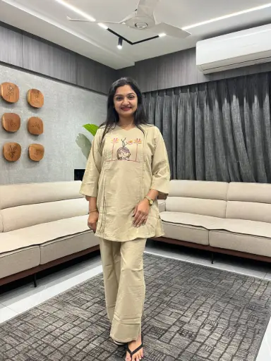 Skin Brown Cotton Embroidered Cord Set