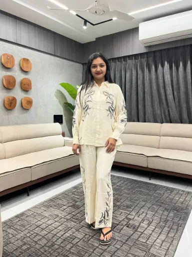 Ivory Elegance Embroidered Cotton Cord Set