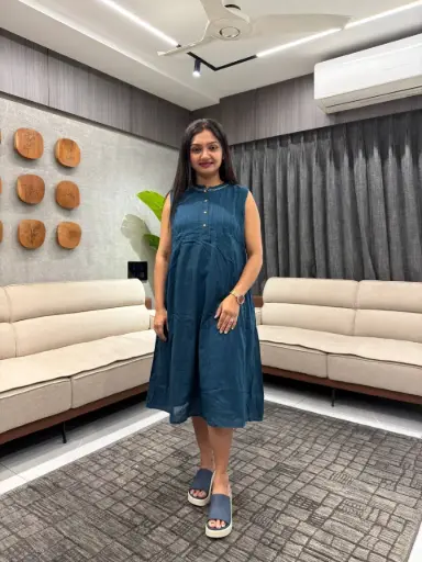 Teal Cotton Solid A-line Western Dress