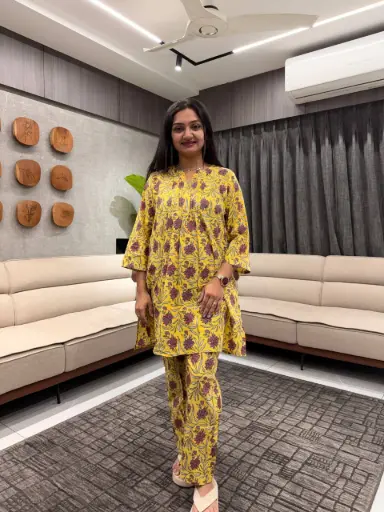 Yellow Cotton Floral Pleated Co-ord Set