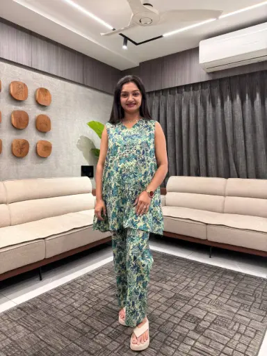 Light Green Pure Cotton Floral Printed A-line Co-ord Set
