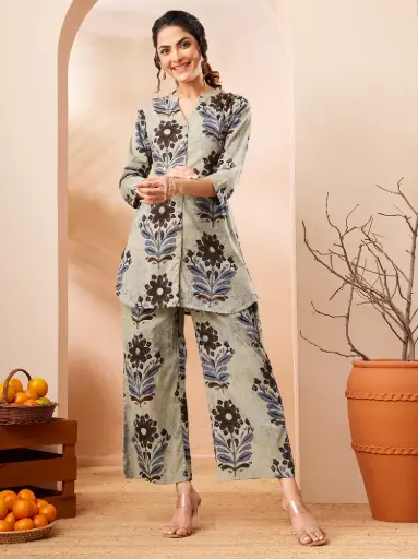 Multicolor Pure Cotton Floral Printed A-line Co-ord Set