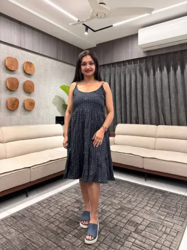 Navy Blue Pure Cotton Ethnic Motifs Printed A-line Dress