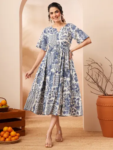 Blue Pure Cotton Floral Printed Fit & Flare Dress