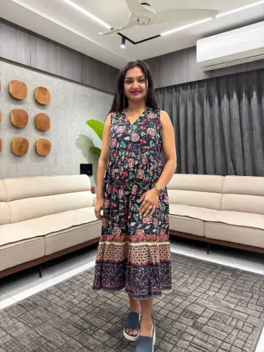 Navy Blue Pure Cotton Floral Prinrted Gathered Dress