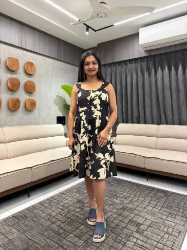 Black & Cream Pure Cotton Floral Printed Fit & Flare Dress