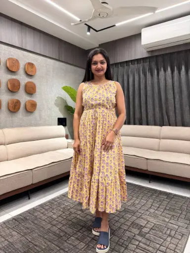 Yellow Pure Cotton Floral Printed Tiered Dress