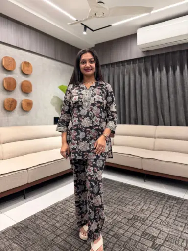 Black Pure Cotton Floral Printed Straight Co-ord Set