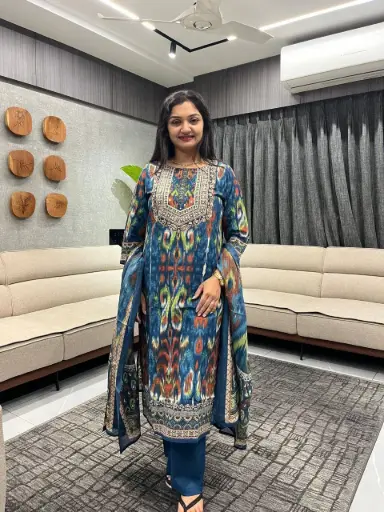 Blue Designer Printed Cotton 3-Piece Suit Set