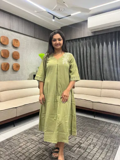 Olive Meadow Embroidered Flex Cotton Midi