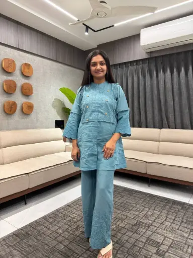 Teal Blue Schiffli Cotton Co-Ord Set