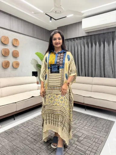 [1509] Cream & Cobalt Geometric Modal Silk Kaftan