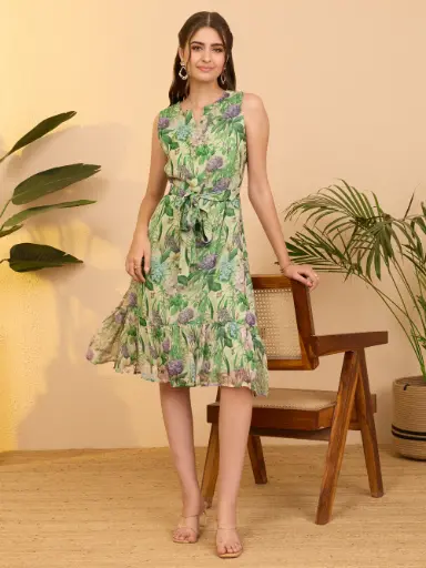 Mint Green Chiffon Floral Printed Fit & Flare Dress