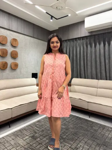Peach Cotton Floral Printed Fit & Flare Dress