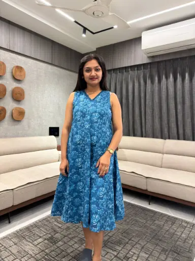 Blue Pure Cotton Floral Printed Flared Dress