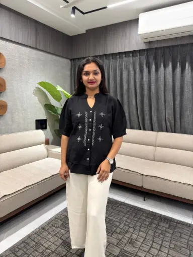 Midnight Elegance Embroidered Linen Top