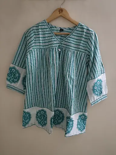 Teal Blossom Stripe Cotton Top