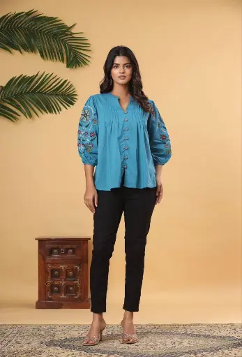 Aqua Bloom Pleated Cotton Top