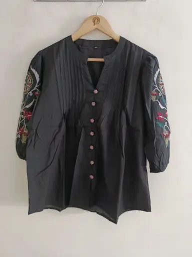 Midnight Bloom Pleated Cotton Top