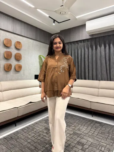 Cocoa Charm Embroidered Linen Top