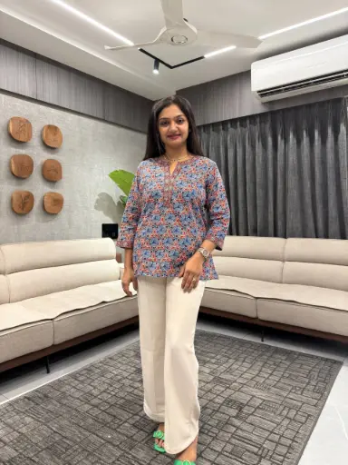Indigo Floral Caligraphy Cotton Top