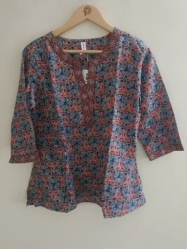 Indigo Floral Caligraphy Cotton Top