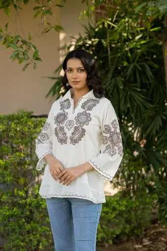 Floral Embroidered Mull Mull Cotton Top
