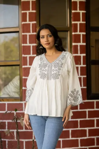 White Schiffli Embroidered Mull Mull Cotton Top