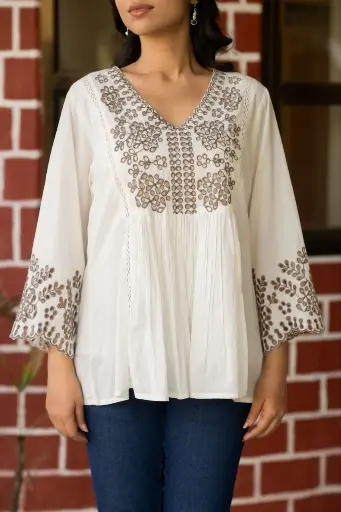 Floral Schiffli Mull Mull Cotton Top