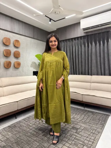 Olive Green Mull Mull Cotton Kurta Set