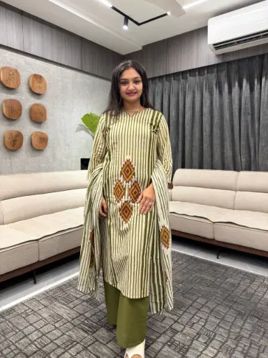 Olive Stripe Cotton Kurta Palazzo Set
