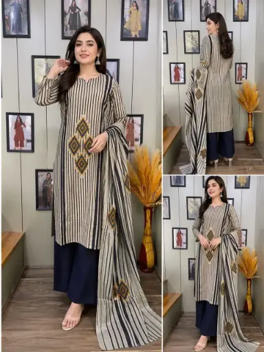 Midnight Stripe Handwork Cotton 3-Piece Set