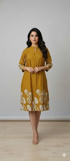 Mustard Bloom Embroidered Cotton Midi Dress