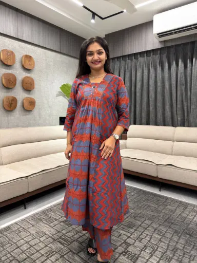Rust Indigo Zigzag Cotton Kurta Set