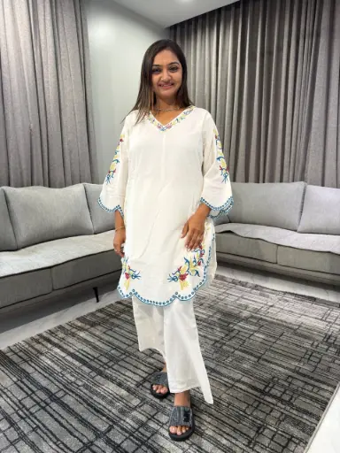 Ivory Bloom Embroidered Mull Cotton Co-ord Set