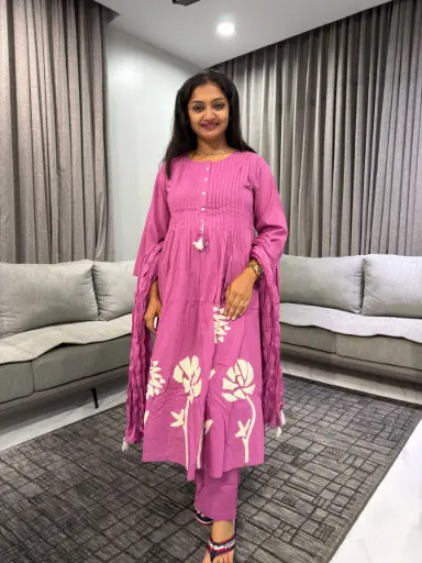 Rose Pink Floral Cotton Kurta Set