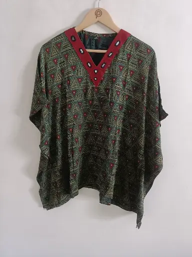 Emerald Tribal Ajrakh Mirror Kaftan Top