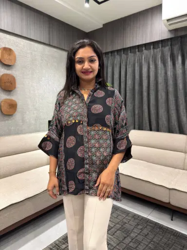 Midnight Ajrakh Patchwork Crepe Shirt