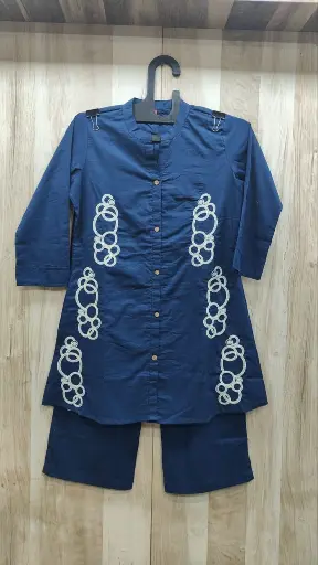 Navy Blue Abstract Embroidered Cotton Co-ord Set